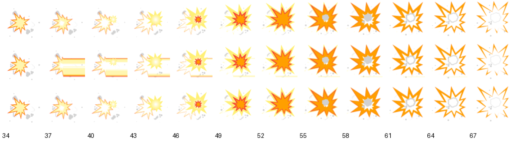 Frames 34 to 67 of the Noto collision emoji: the middle row shows the horizontal streaks